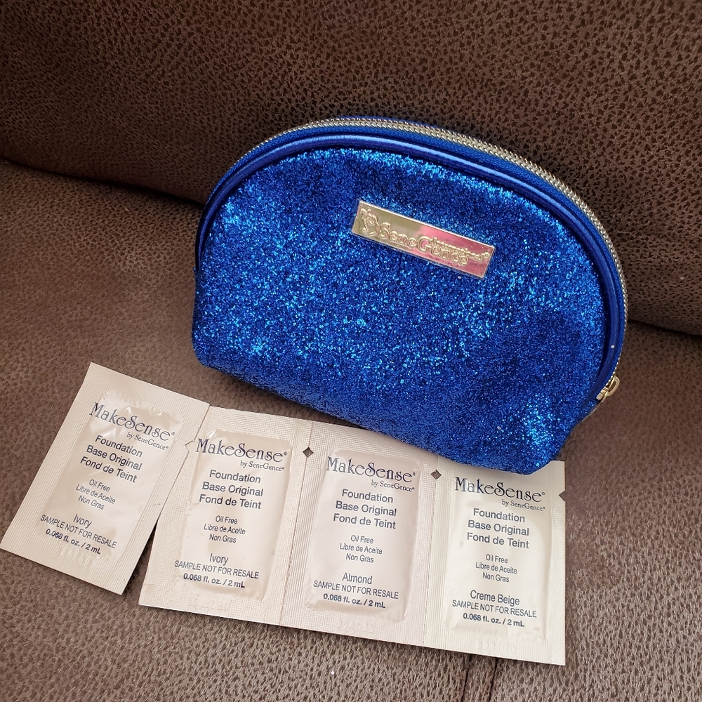 SeneGence blue glitter makeup bag with foundation samples